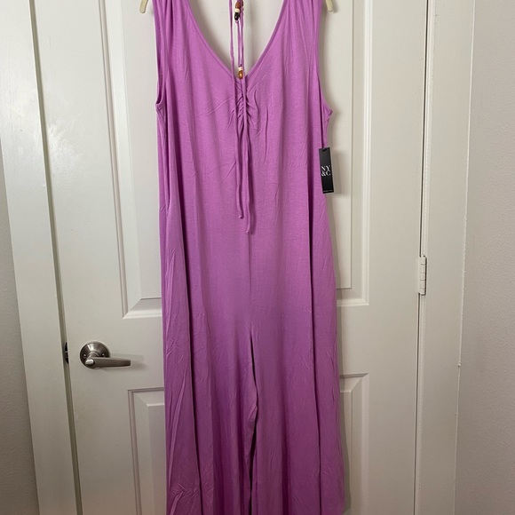 New York & Company Purple Beaded Halter Wide Leg Boho Relaxed Pockets Jumpsuit - Picture 7 of 9